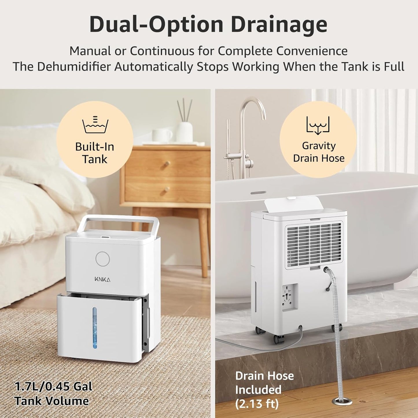 KNKA 21 Pint Dehumidifier - Efficient Humidity Control for 1600 Sq.Ft. Spaces | Washable Filter & Drain Hose