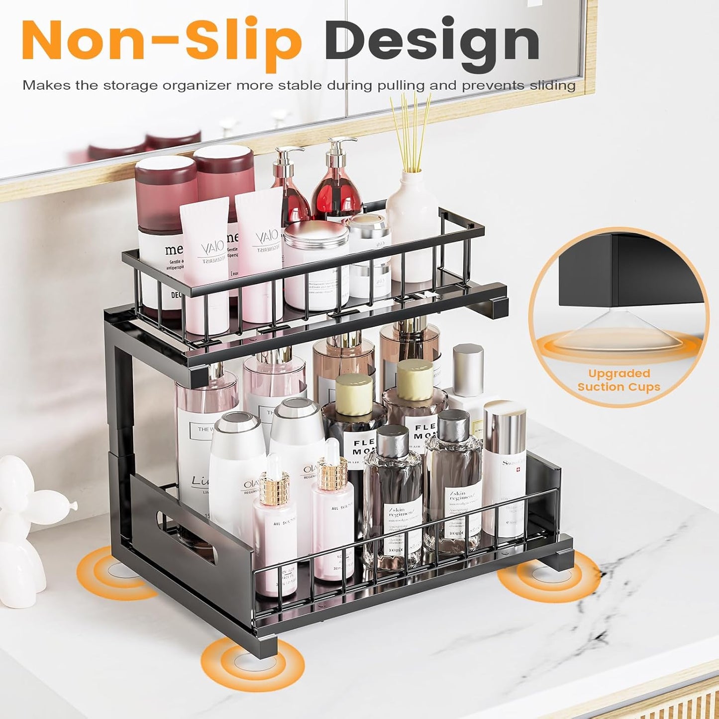 Under Sink Organizer - Skiennix Heavy Duty Metal Pull-Out Cabinet Shelf | Adjustable Multi-Purpose Storage (Black, 1 Pack)