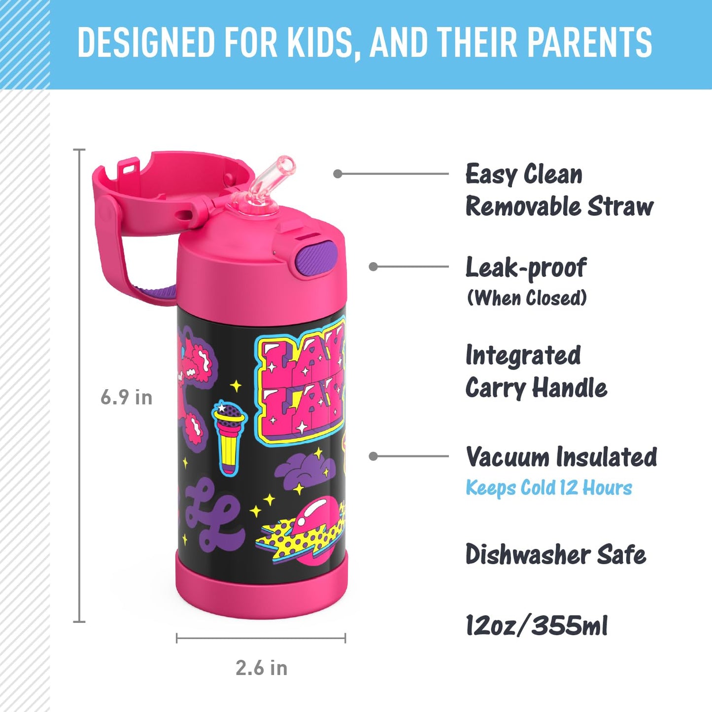 THERMOS FUNTAINER 12 Ounce Stainless Steel Vacuum Insulated Kids Straw Bottle, That Girl Lay Lay