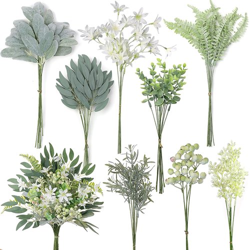 FOTEEWL 70 Pcs Artificial Greenery Stems Box Set,with 8 Kinds of Faux Plants and Fake Flowers for DIY Bridal Bouquets Wedding Floral Arrangement Table Centerpieces Decoration (Sage Green & White)