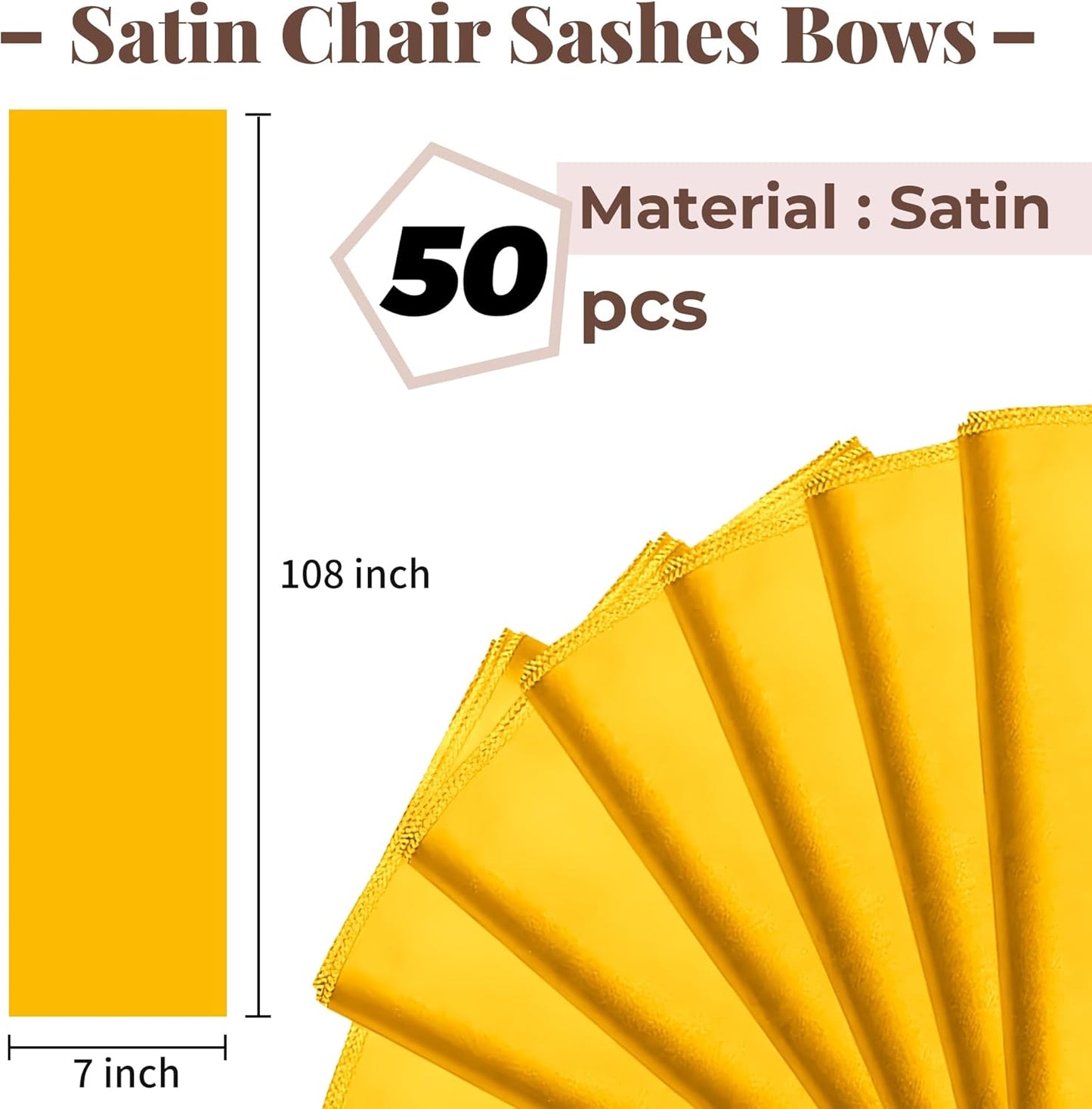 Skiennix Satin Chair Sashes - 50 Pcs Elegant Ribbon Bows for Weddings & Events | Gold 7x108 Inch