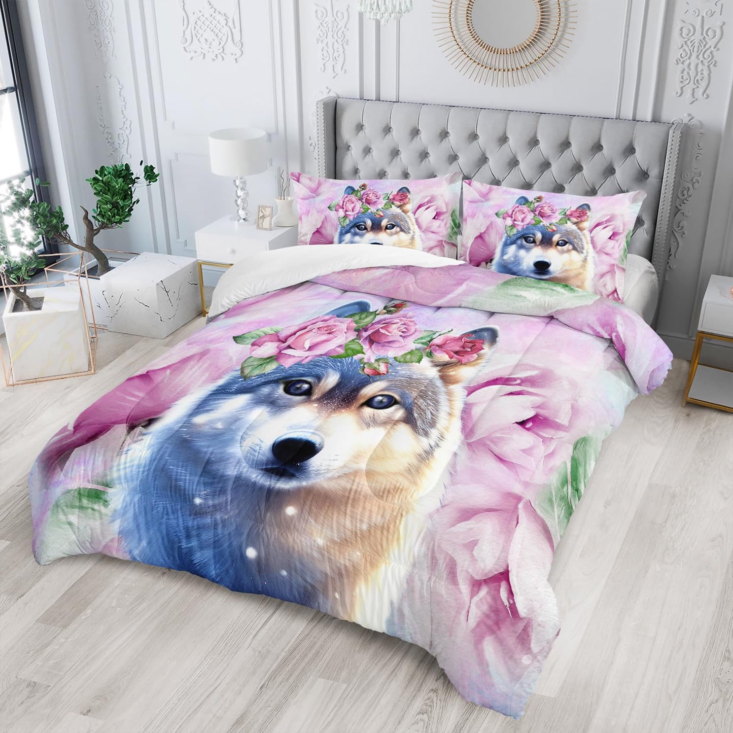 XYNHML Wolf Comforter Set Tie Dye Wolf Bedding Set for Kids Teens Room Decor Romantic Pink Rose Wild Animals Comforter with 2 Pillowcases