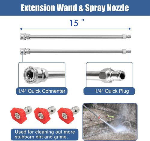 Janz 14" Pressure Washer Surface Cleaner - Stainless Steel Housing, 4 Wheels, 4000 PSI, 2 Extension Wands & Nozzles