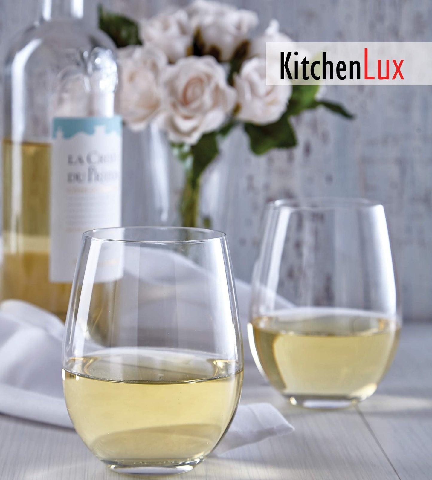 Kitchen Lux Stemless Wine Glasses Set of 12, 18oz Stemless Wine Glass & Cocktail Tumbler Set – Premium Glass Drinking Cups in Bulk– Deluxe Gift Pack Short Drinking Glasses, Dishwasher Safe
