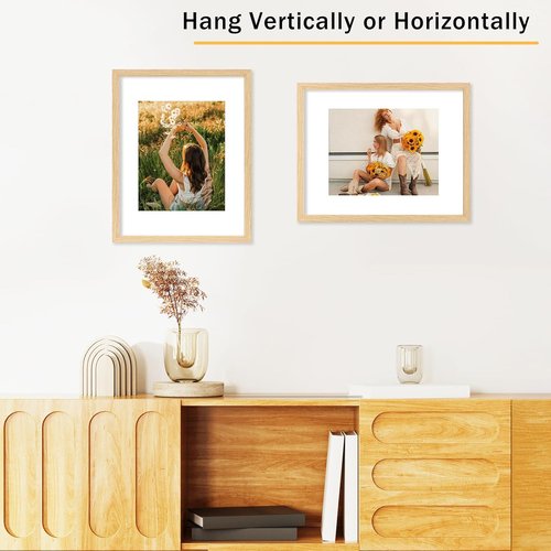 JCJMY Solid Wood Picture Frame - Display 8x10 with Mat or 11x14 Without - Natural Finish, Shatter Resistant Plexiglass