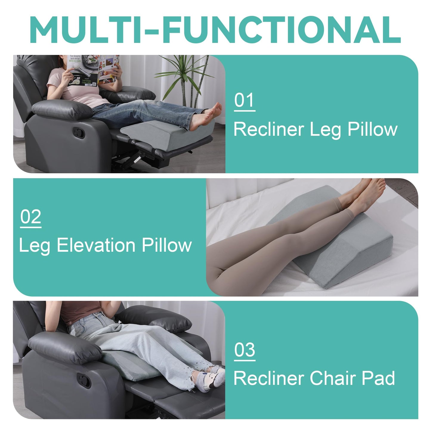 HOMBYS Extra Large Recliner Leg Pillow Support, 5 inch Thick Foam Foot Rest Cushion for Couch, Ergonomic and Multifunctional Leg Elevation Pad for Sofa, Chair, Bed(Grey)
