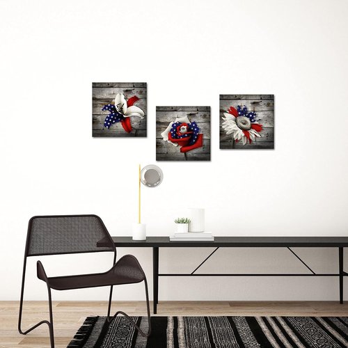 DuoBaorom Wall Art Set - Patriotic Blue Rose & Sunflower Canvas Prints | 12 x 12 Inches (3 Pieces)
