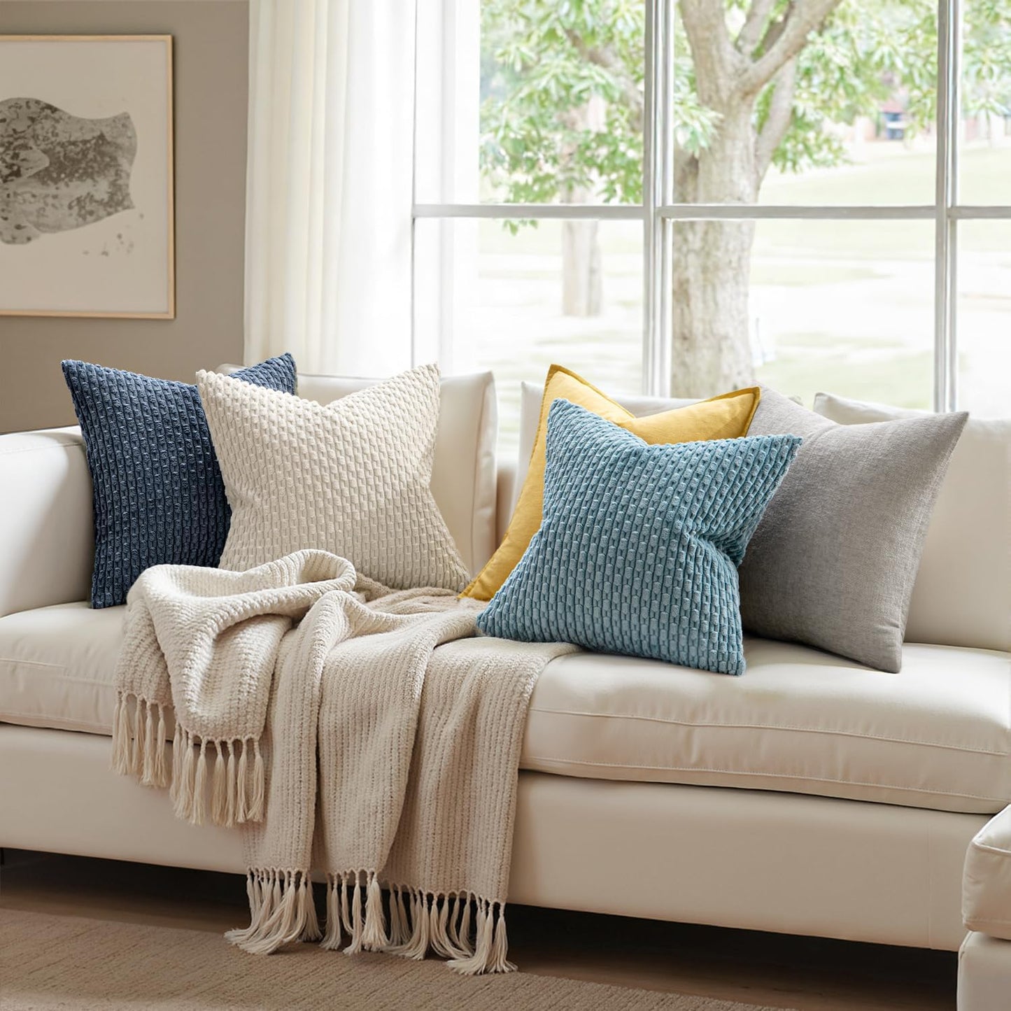 MIULEE Decorative Throw Pillow Covers - Soft Boho Striped Corduroy | 18x18 Inch Cream White Set of 2