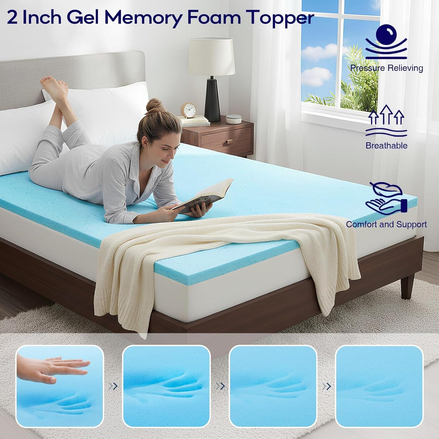 OLANLY Memory Foam Mattress Topper - 4 Inch Queen Size with Cooling Pillow Top & Gel Layer - Black