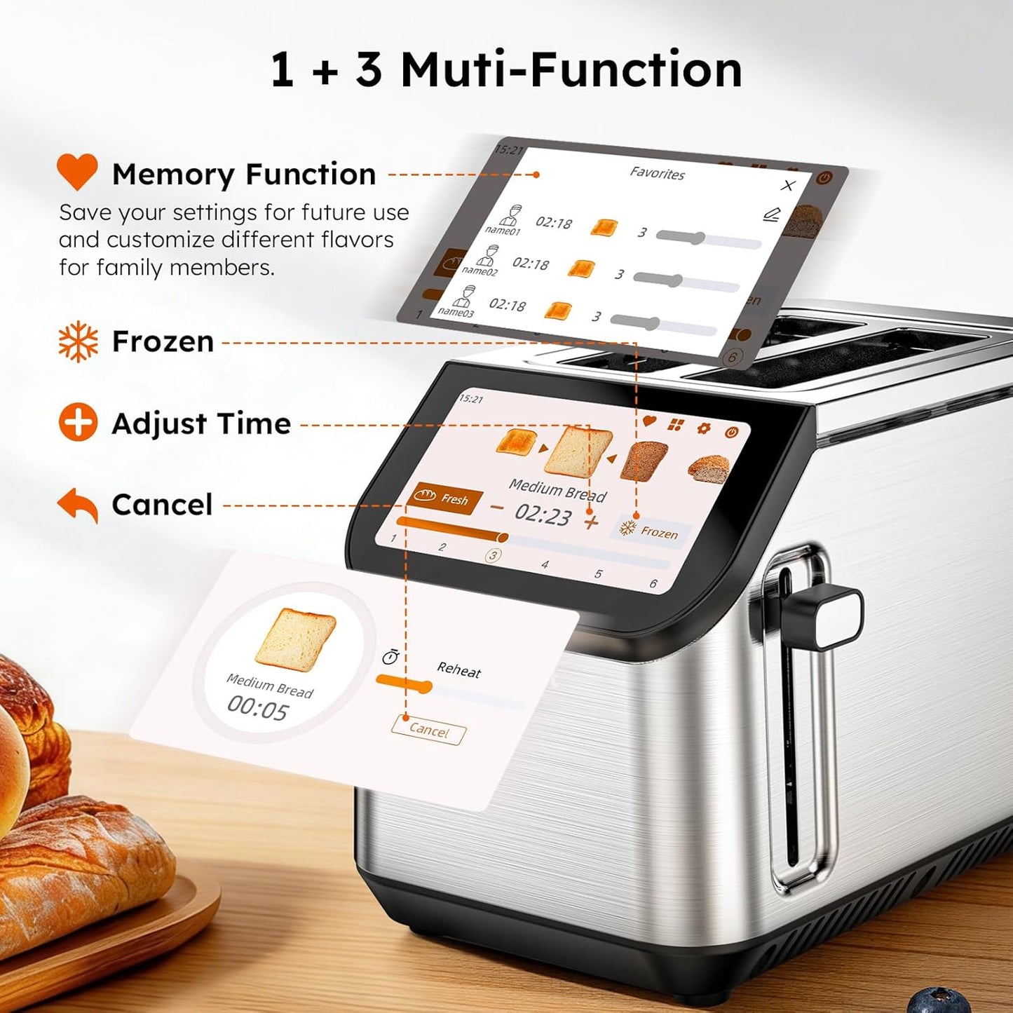 Smart Toaster - 2 Slice Stainless Steel Toaster with LCD Touch Screen & Memory Function | 10 Bread Types, 6 Shade Settings, 900W