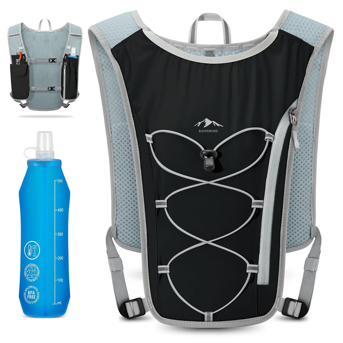RAINSMORE Running Hydration Vest with 500ml Soft Flask, Waterproof Phone Pocket, Lightweight Hydration Pack, Adjustable No-Bounce Straps for Trail Running, Marathon, Cycling Black