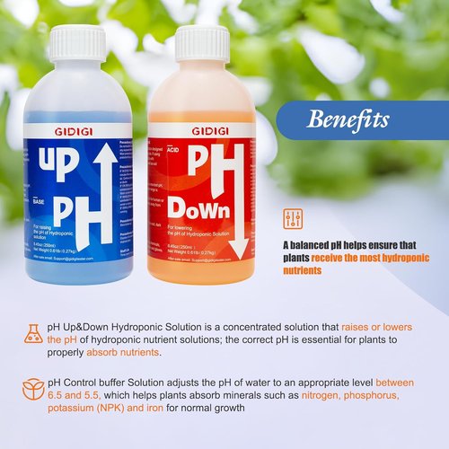 Hydroponics pH Control Kit - pH Up & Down Solution with Test Strips | 8.45oz/250ml
