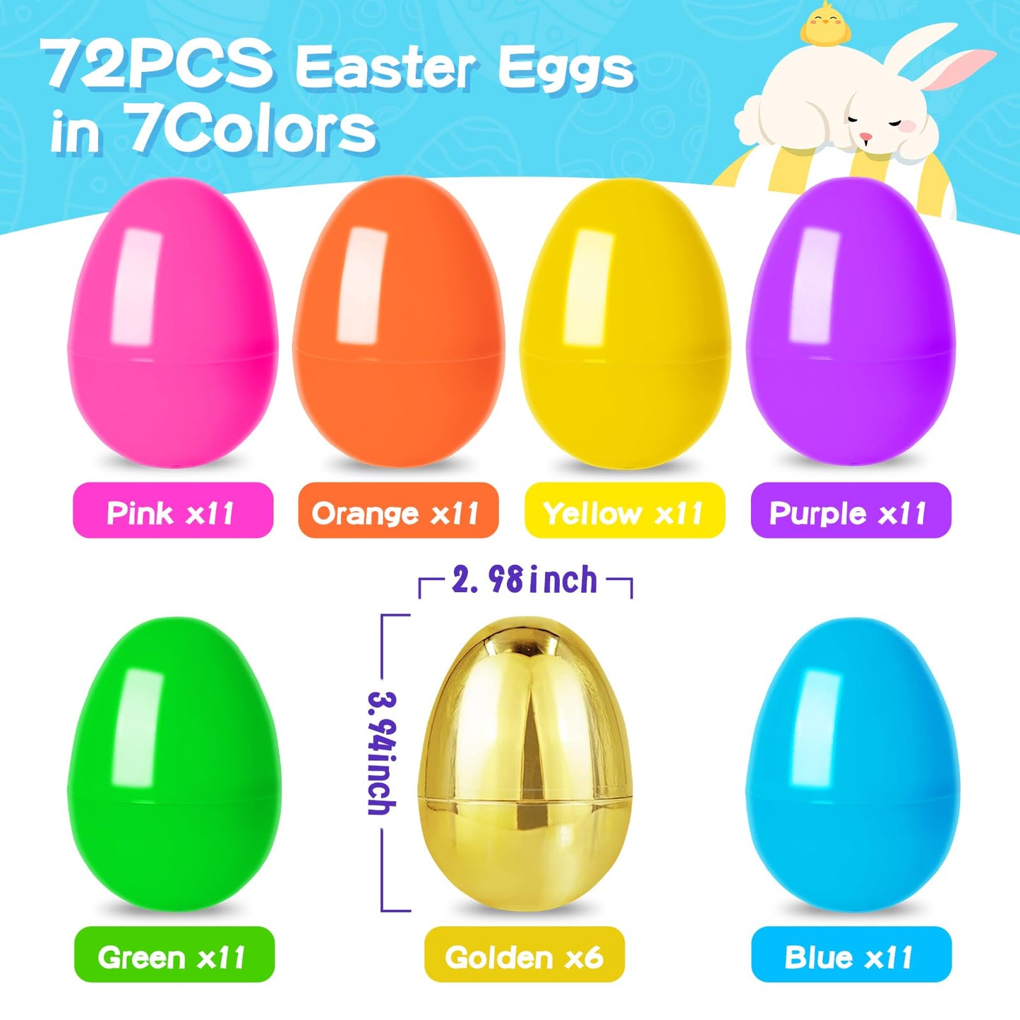 MGparty 72 Pcs Large 4" Easter Eggs Plastic Empty Eggs Bulk with 6 Golden Eggs, Fillable Easter Eggs for Egg Hunt, Easter Basket Stuffers, Party Favors, Decorations