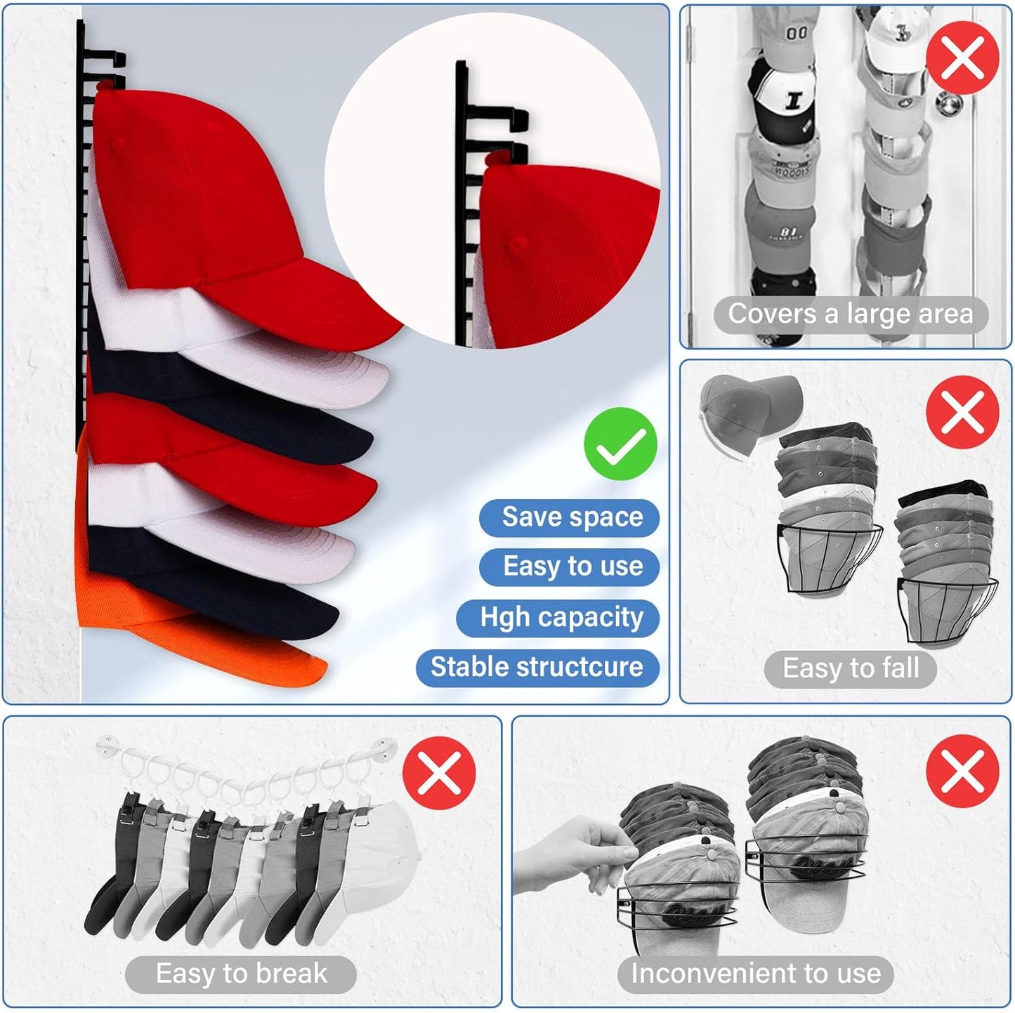 MAGTSMEI Baseball Cap Organizer - Vertical Hat Holder for Closet & Door | Large Capacity, Space-Saving Design (Black)