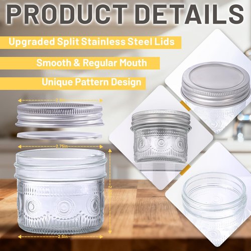 4 oz Glass Mason Jars with 18/8 Stainless Steel Lids, 8-Pack Small Canning Jars with Embossed Pattern, Mini Glass jars for Jams, Jelly, Honey, Spices, Desserts, Wedding Favors and Gift Packaging