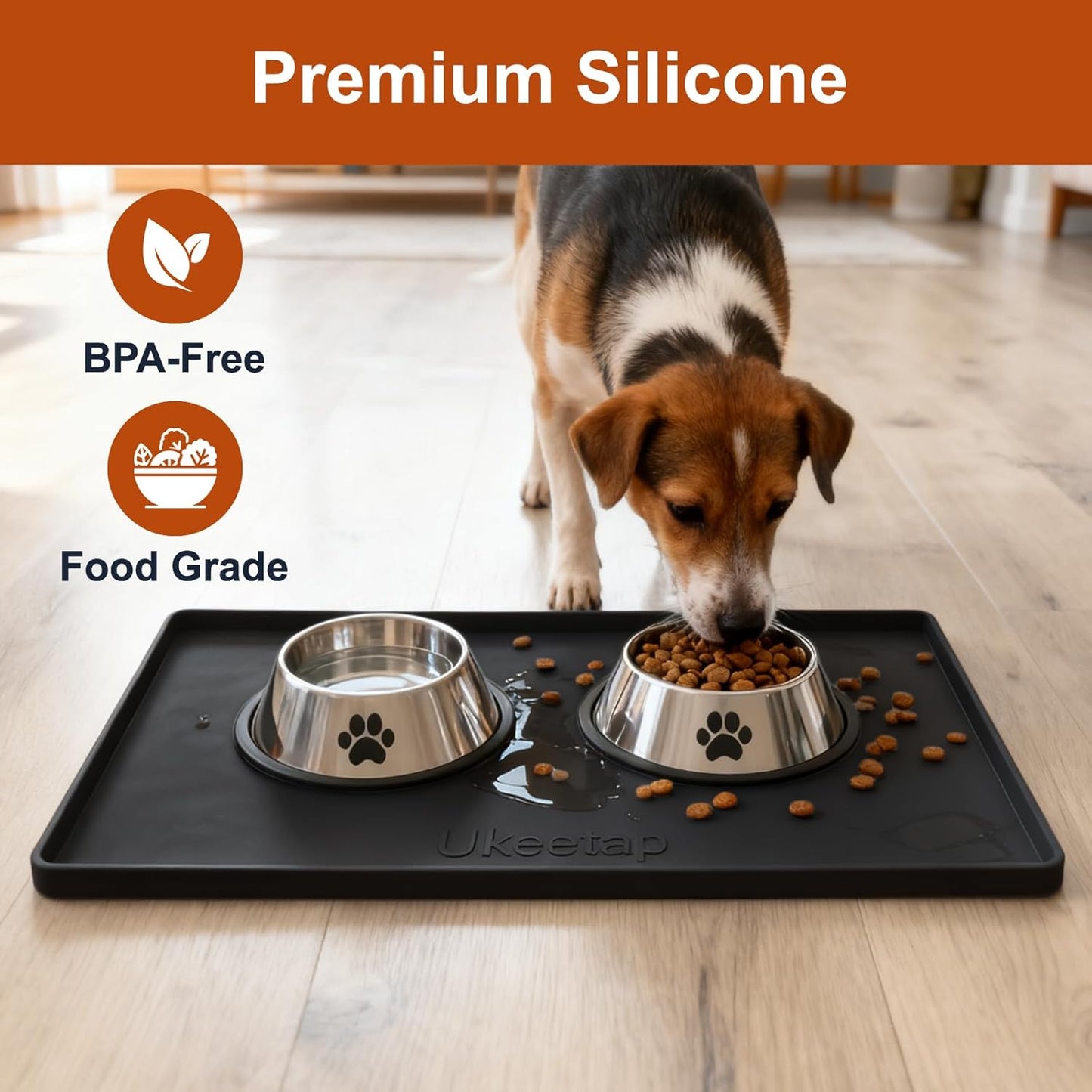 Ukeetap Extra Thick Silicone Dog & Cat Food Mat - Waterproof, Non-Slip, 19” x 12”, Black