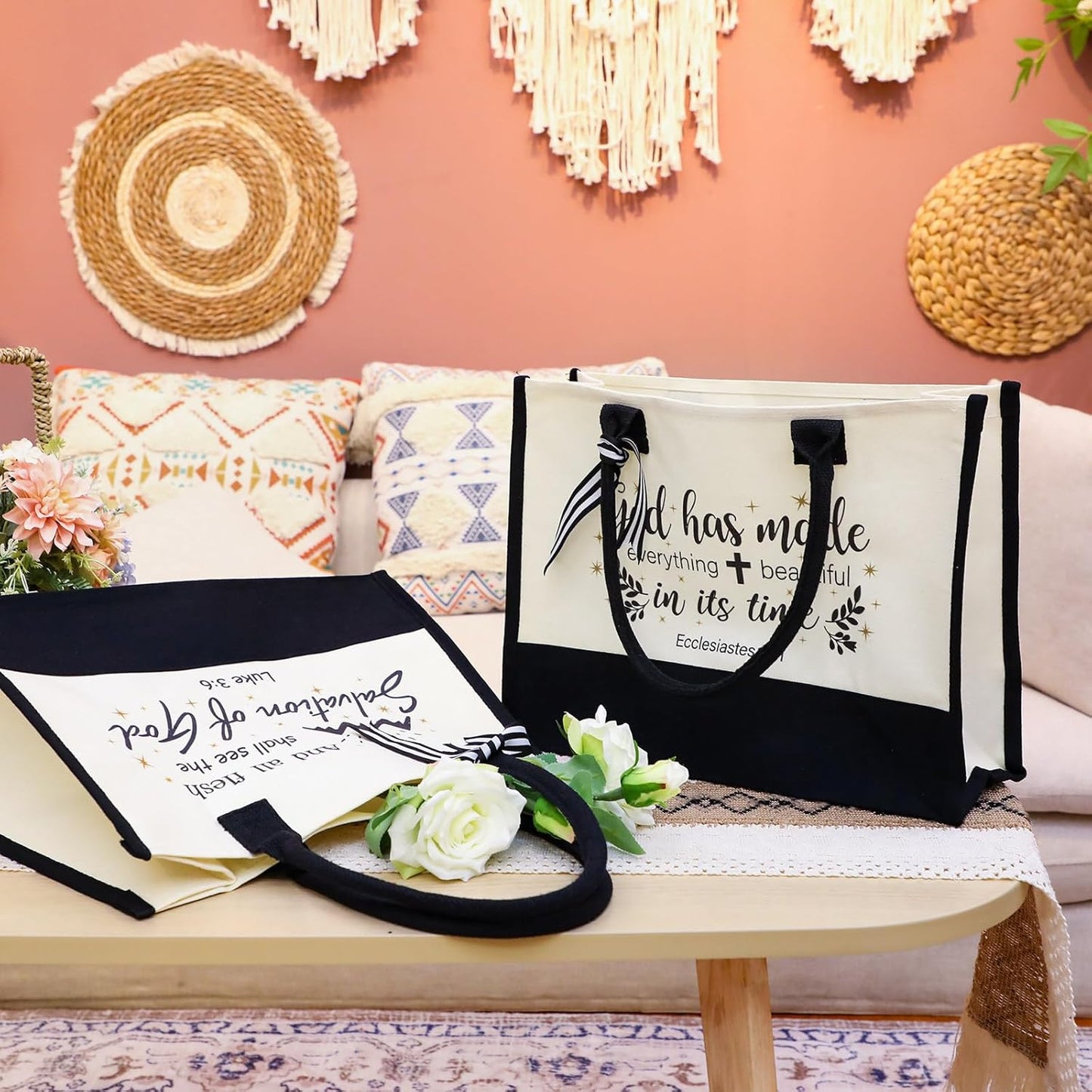 Abbylike 12 Pcs Christian Canvas Tote Bag Bulk Bible Bride Religious Beach Totes with Handle, Verse Initial Classic Grocery Bag for Women Travel