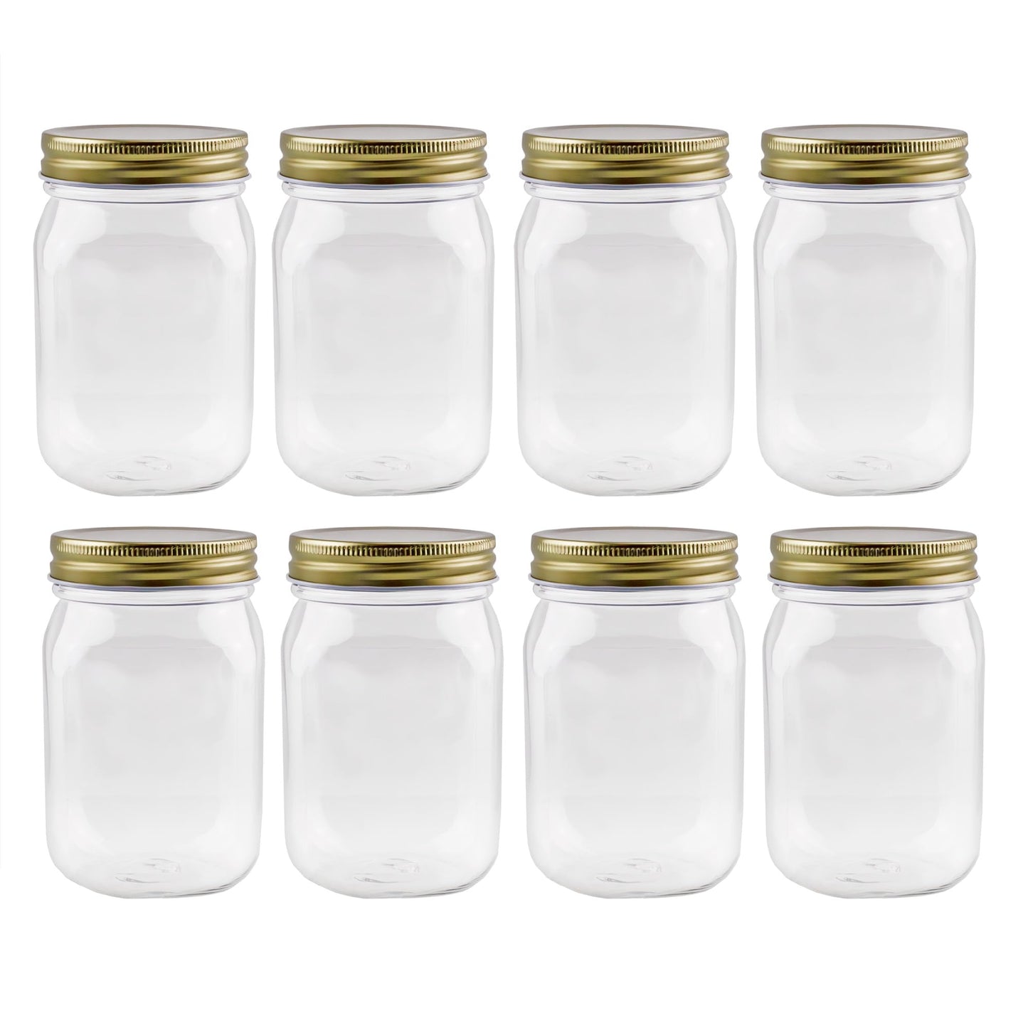Cornucopia Brands 16oz Clear Plastic Mason Jars (8-Pack, Gold Metal Lids); PET BPA-Free Mason Style w/One Piece Lids, 2-Cup/Pint Capacity