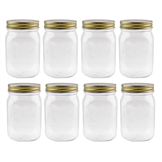 Cornucopia Brands 16oz Clear Plastic Mason Jars (8-Pack, Gold Metal Lids); PET BPA-Free Mason Style w/One Piece Lids, 2-Cup/Pint Capacity