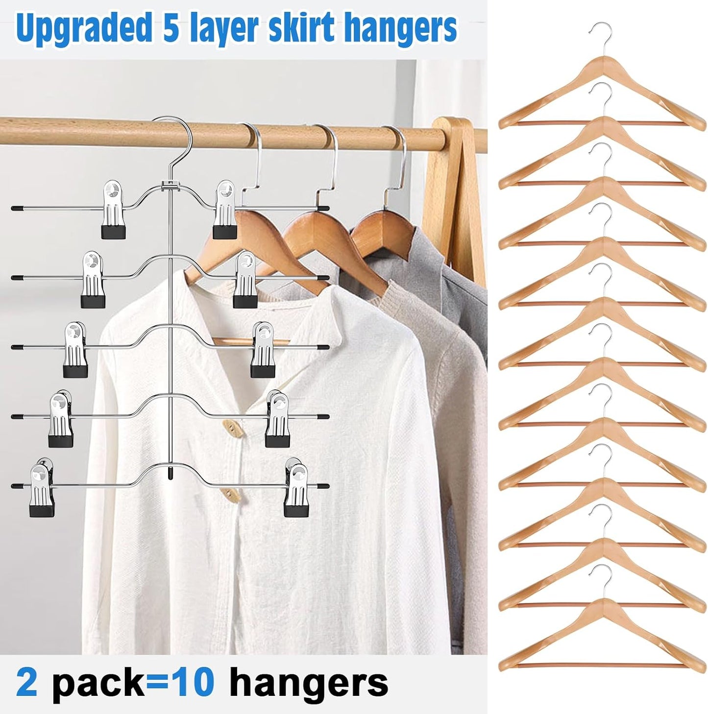 Skiennix Pants Skirt Hangers - Space-Saving Closet Organizer with Clips | 2-Pack Set