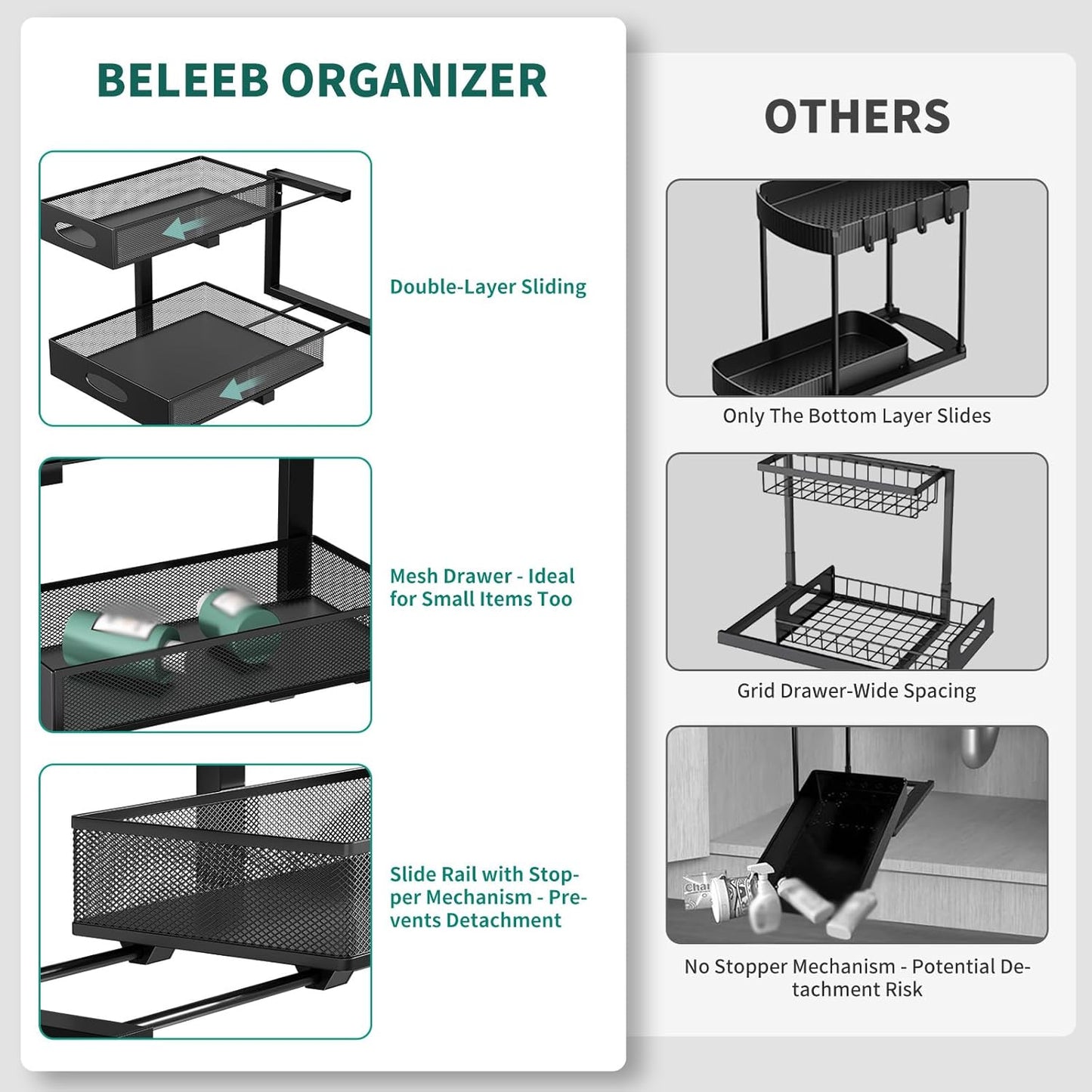 Under Sink Organizer by Extra-Wide - 2-Tier Metal Slide-Out Cabinet Storage | Height Adjustable, Black