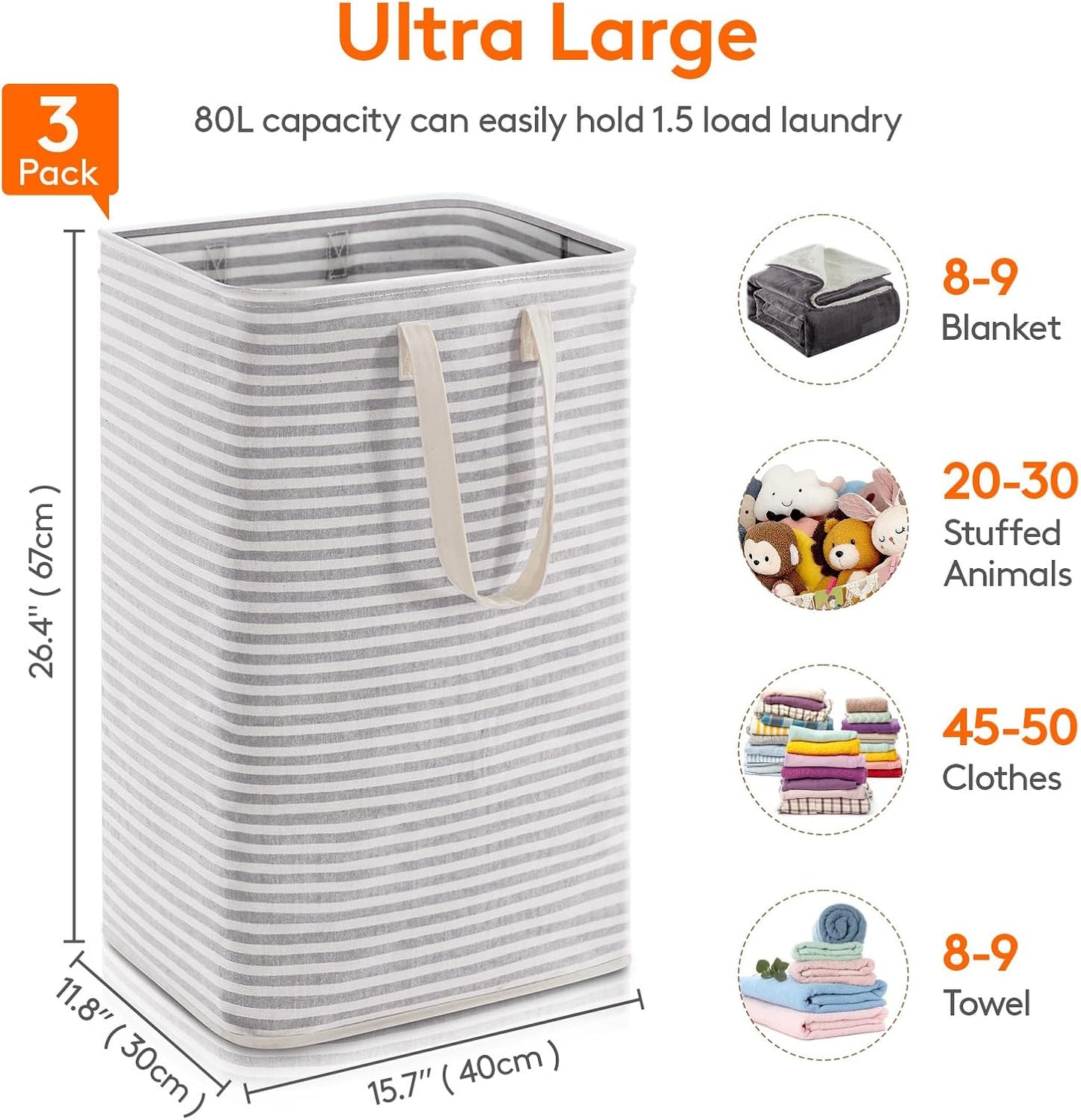 Lifewit 3-Pack Laundry Basket - 80L Collapsible Hamper with Reinforced Handles | Waterproof Grey Design