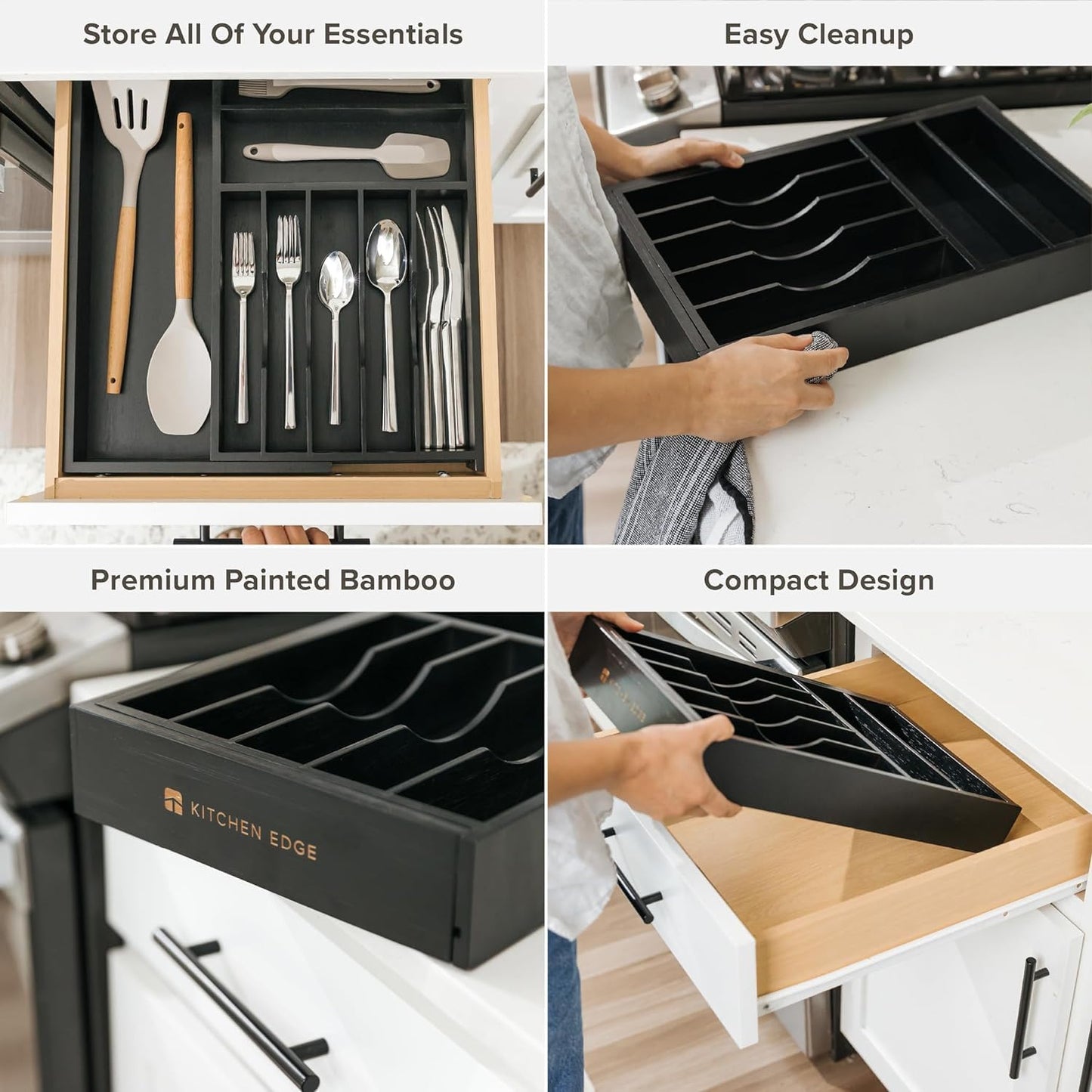 KitchenEdge Premium Flatware Organizer - Expandable Food-Safe Utensil Holder, Black Bamboo, 10.5 to 19 In