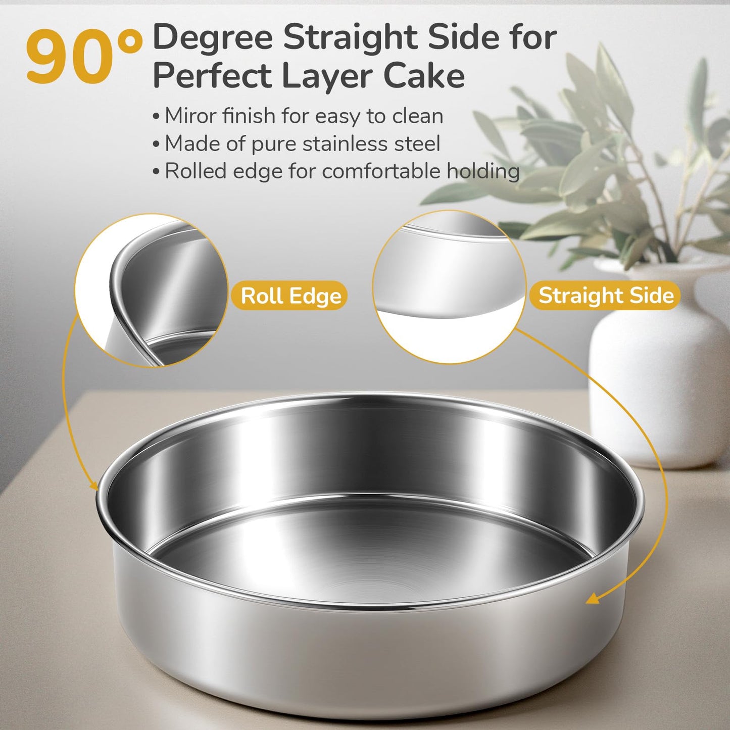 BAKEWAY 8 inch Cake Pans, Round Baking Layer Cake Pan Set of 2, Stainless Steel Mirror Finish & Dishwasher Safe for Birthday, Party, Wedding