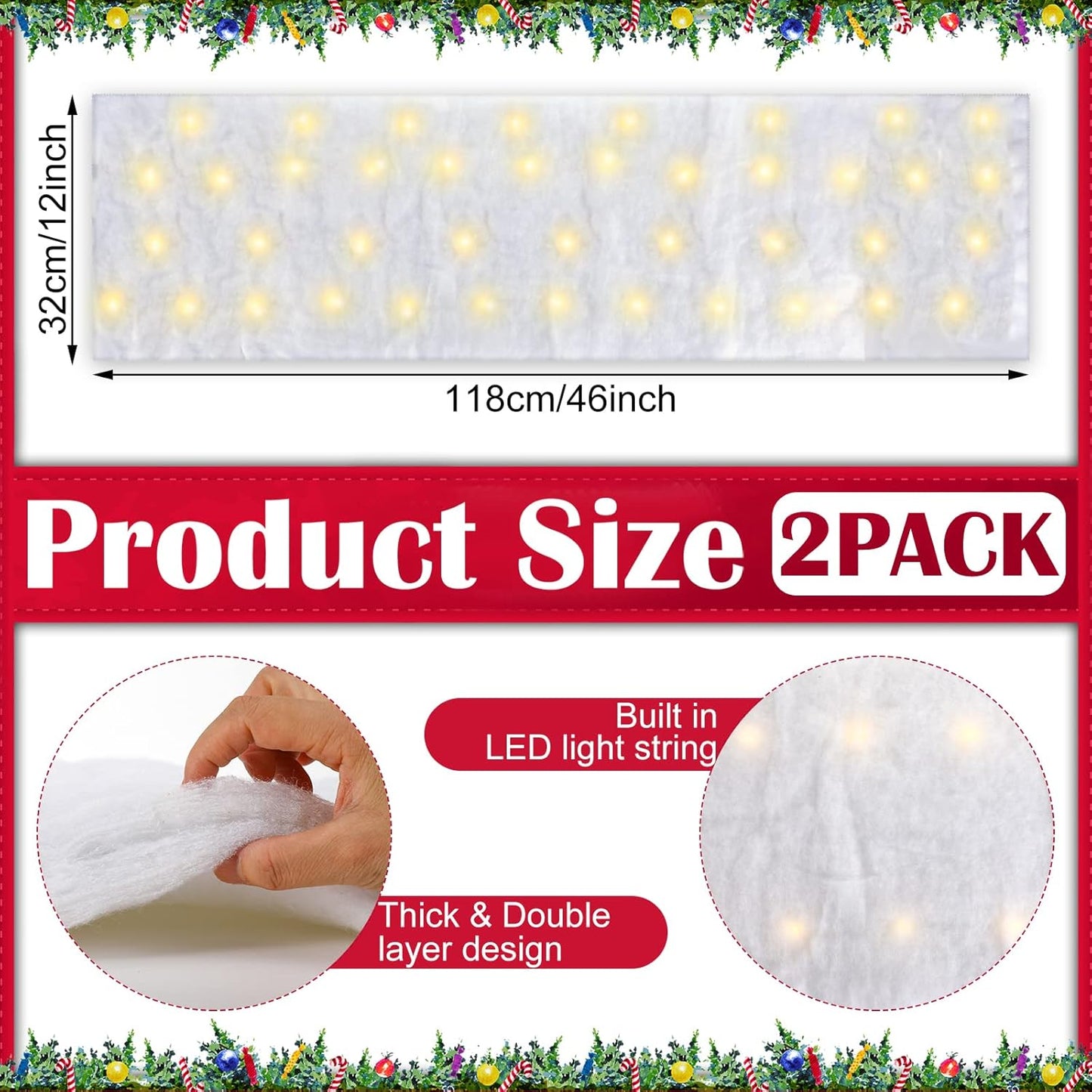 Tudomro LED Christmas Snow Blanket - Pre-Lit Village Decor for Holiday Displays | 4 ft x 13 in (Warm White, 2 Pcs)
