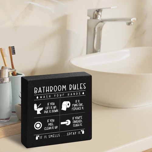 Funny Restroom Sign by Rustic Home Decor - Black Wooden Box with Bathroom Rules | Perfect Gift for Thanksgiving & Christmas