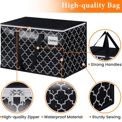 HomeHacks Heavy Duty Moving Bags with Tag Pockets, Collapsible Storage Totes for Moving, Camping & Travel -Foldable Packing Boxes, Zipper Handles, Black（6 Packs, 88L）