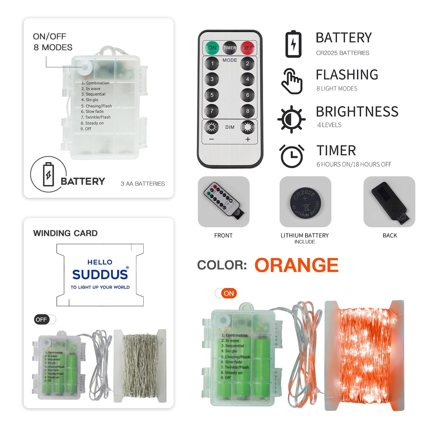 suddus Orange Halloween Fairy Lights Battery Operated, 66ft 200 LED Copper Wire Twinkle Lights Waterproof, String Lights with Remote for Bedroom, Party, Yard, Door, Garland, Tree Decorations