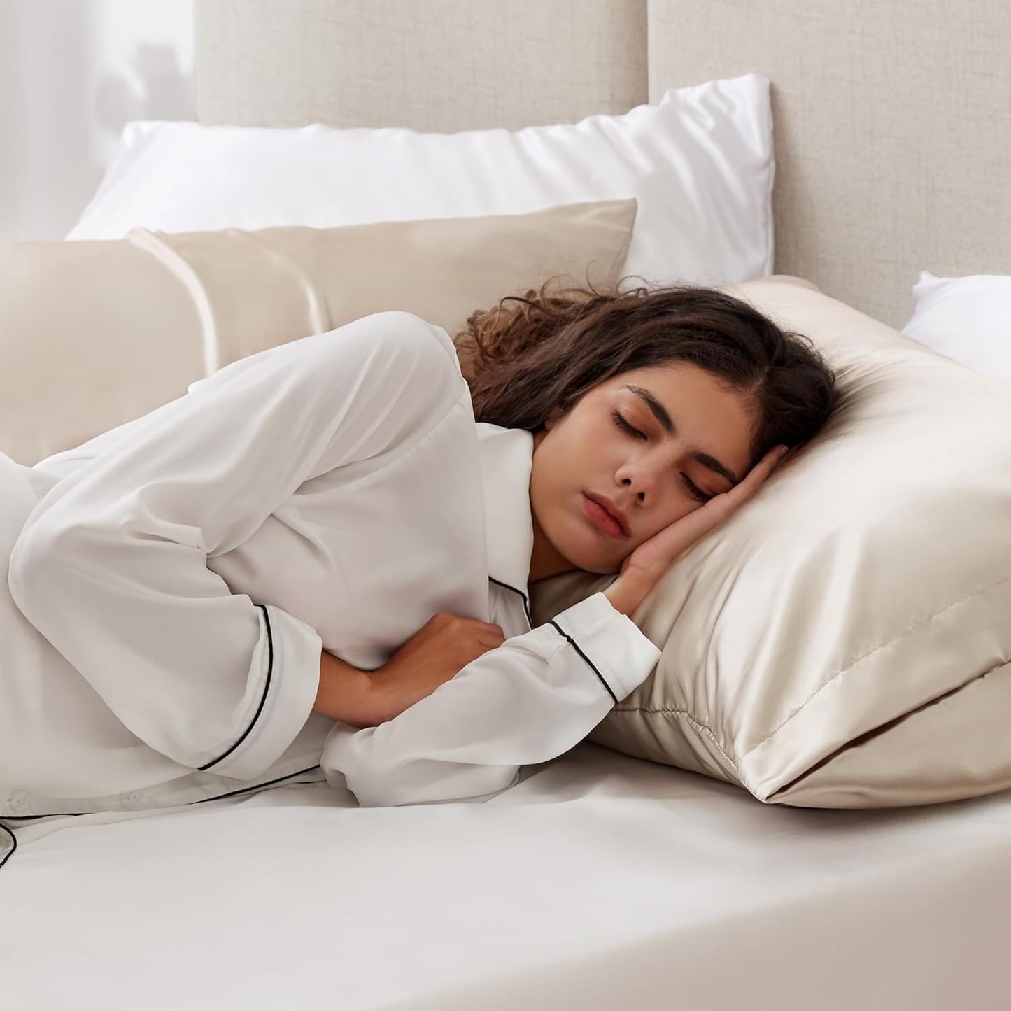 Love's Cabin Satin Pillowcase Set - Cooling Standard Size 20x26 Pillow Covers for Hair & Skin - Silky Smooth Beige