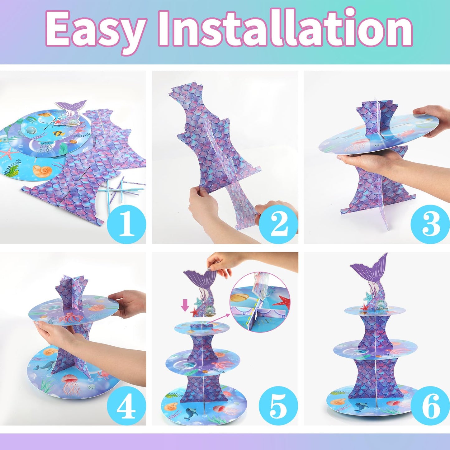 WINKIO Mermaid Cupcake Stand, Little Mermaid Birthday Party Decorations Supplies Favor Under the Sea Theme Cupcake Tower Holder for Girls Kids(1 Pack)