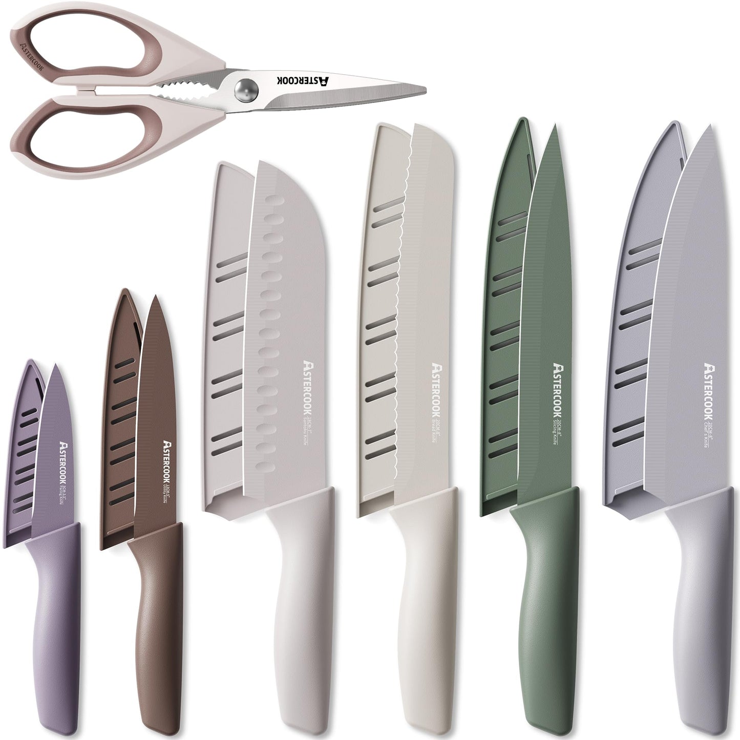 Astercook Knife Set, 13 Pieces Kitchen Knives Set with Healthy Anti-Rust Coating, Dishwasher Safe, Stainless Steel Chef Knife Sets with 6 Blade Guards, Perfect Holiday Gifts for Kitchen Morandi