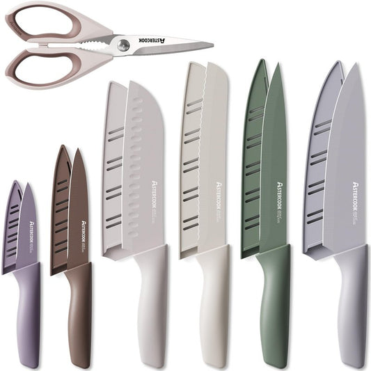 Astercook Knife Set, 13 Pieces Kitchen Knives Set with Healthy Anti-Rust Coating, Dishwasher Safe, Stainless Steel Chef Knife Sets with 6 Blade Guards, Perfect Holiday Gifts for Kitchen Morandi