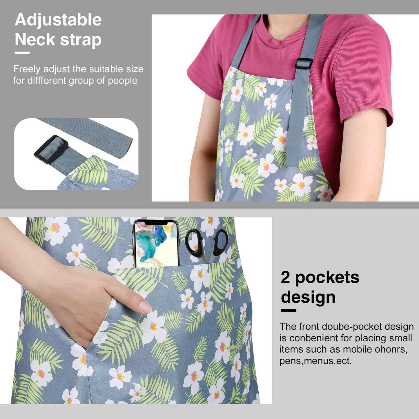 BOUMUSOE 3 Pack Floral Aprons with Pocket, Blooming Womens Aprons Waterproof Adjustable Cooking Aprons for Kitchen Gardening and Salon