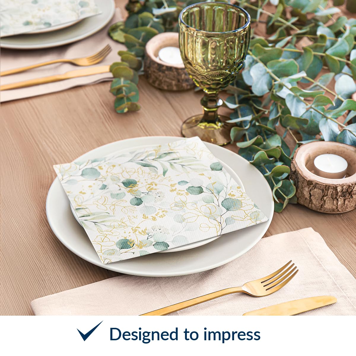 PAW - 50 Pieces Airlaid Paper Linen-Feel Napkins 16" x 16", Disposable Cloth-Like Napkins with Eucalyptus Design, Dinner Napkins for Kitchen, Party, Wedding, Barbecue, Picnic