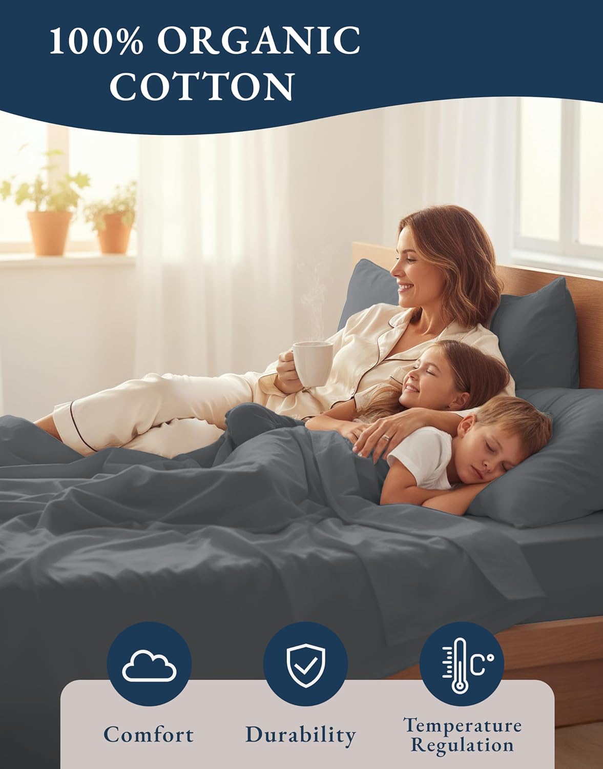 LANE LINEN Twin XL Sheets Set - 100% Organic Cotton, Crisp Percale, Fade Resistant, Charcoal