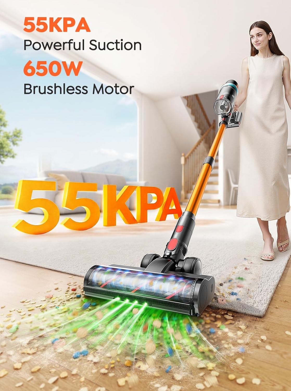 Skiennix Cordless Vacuum Cleaner - 650W, 55KPA Suction Power, 70 Mins Runtime, LED Touch Screen, Wall Charging Station