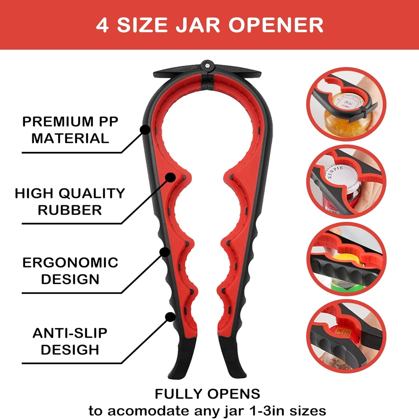 Regine Switzerland Jar Opener - 5-in-1 Multi-Function Lid Opener for Seniors with Arthritis | Non-Slip Grip Pad (Red)