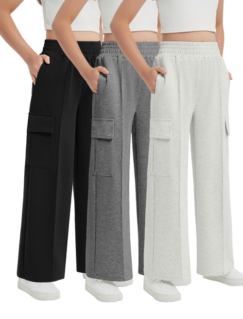 EXARUS Girls Cargo Sweatpants Multi 3 Pack Set Front Seam Wide Leg Baggy Fit Elastic Waistband Pleated Teen Casual Sweat Pants Middle Rise Pleat with Pockets 12Y