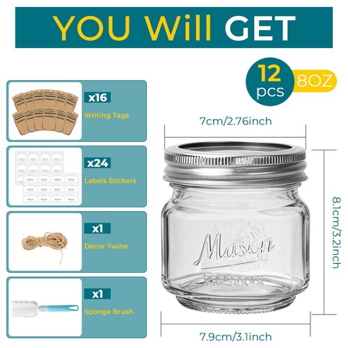 CycleMore 8oz 12 Pack Mason Jars with Silver Metal Lids, Embossed Design Canning Jars, Clear Glass Storage Jars for for Gifts, Jam, Pickling, Crafts, Wedding Favors & Home Decor