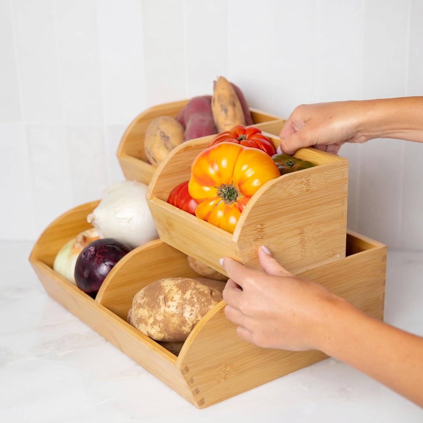 Regine Switzerland Potato and Onion Storage Bin - Ventilated Bamboo Organizer Baskets | Stackable 3-Pack for Pantry & Kitchen