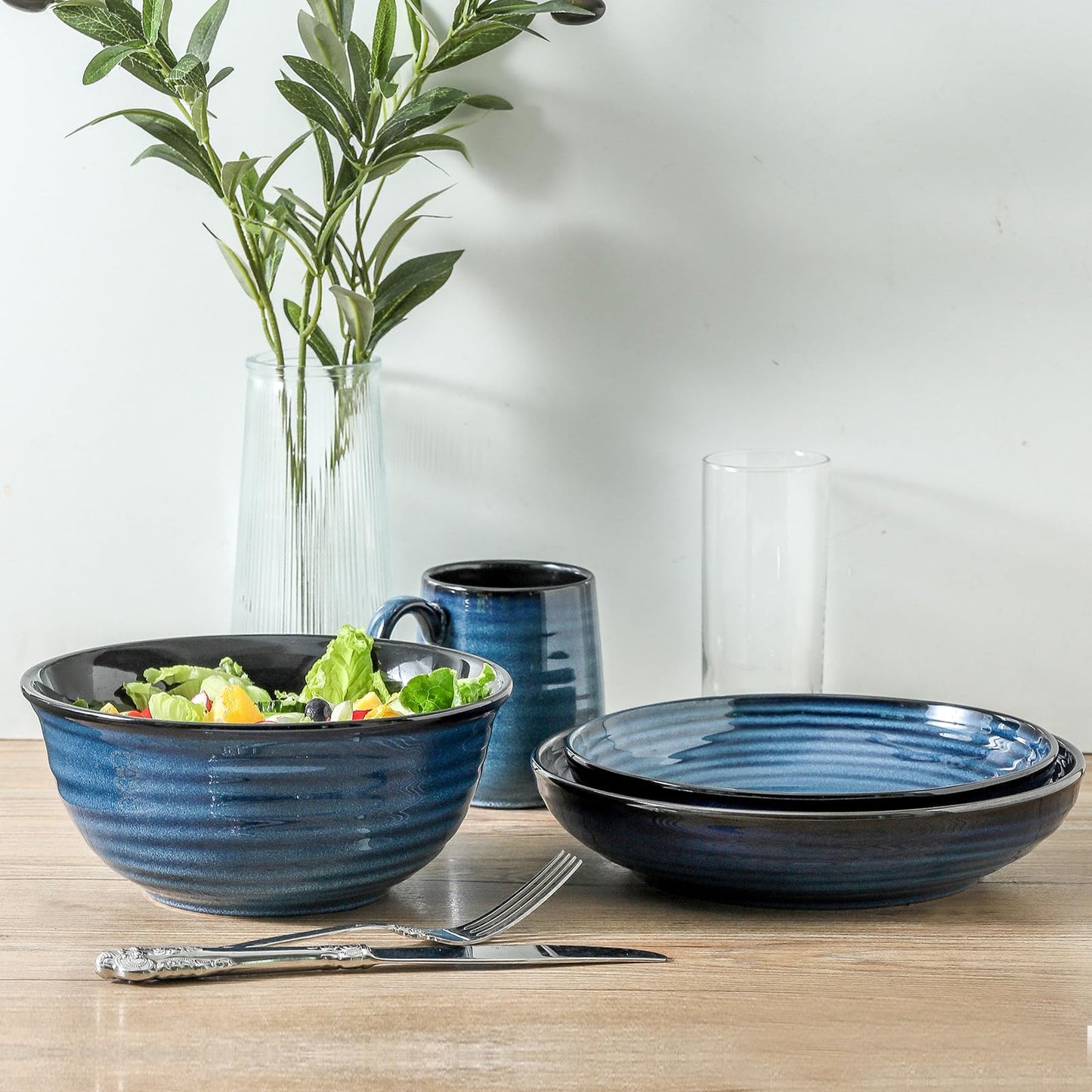Tikooere Ceramic Mixing Bowls,Large Serving Bowls 2.1/1.5/1.0 Qt,Salad Bowls Set of 3 for Kitchen Space Saving Storage,Nesting Bowls for Popcorn,Soup,Fruit, Microwave & Dishwasher Safe,Navy Blue