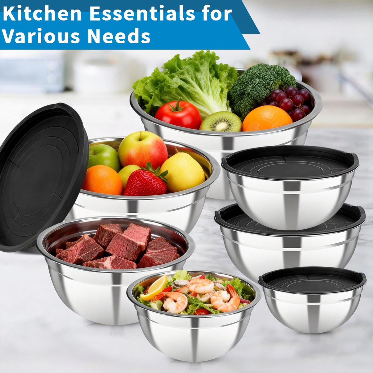 YJSLICT Stainless Steel Mixing Bowls with Lids Set (Size 0.7, 1.1, 1.5, 2.1, 3.5, 4, 4.5QT)