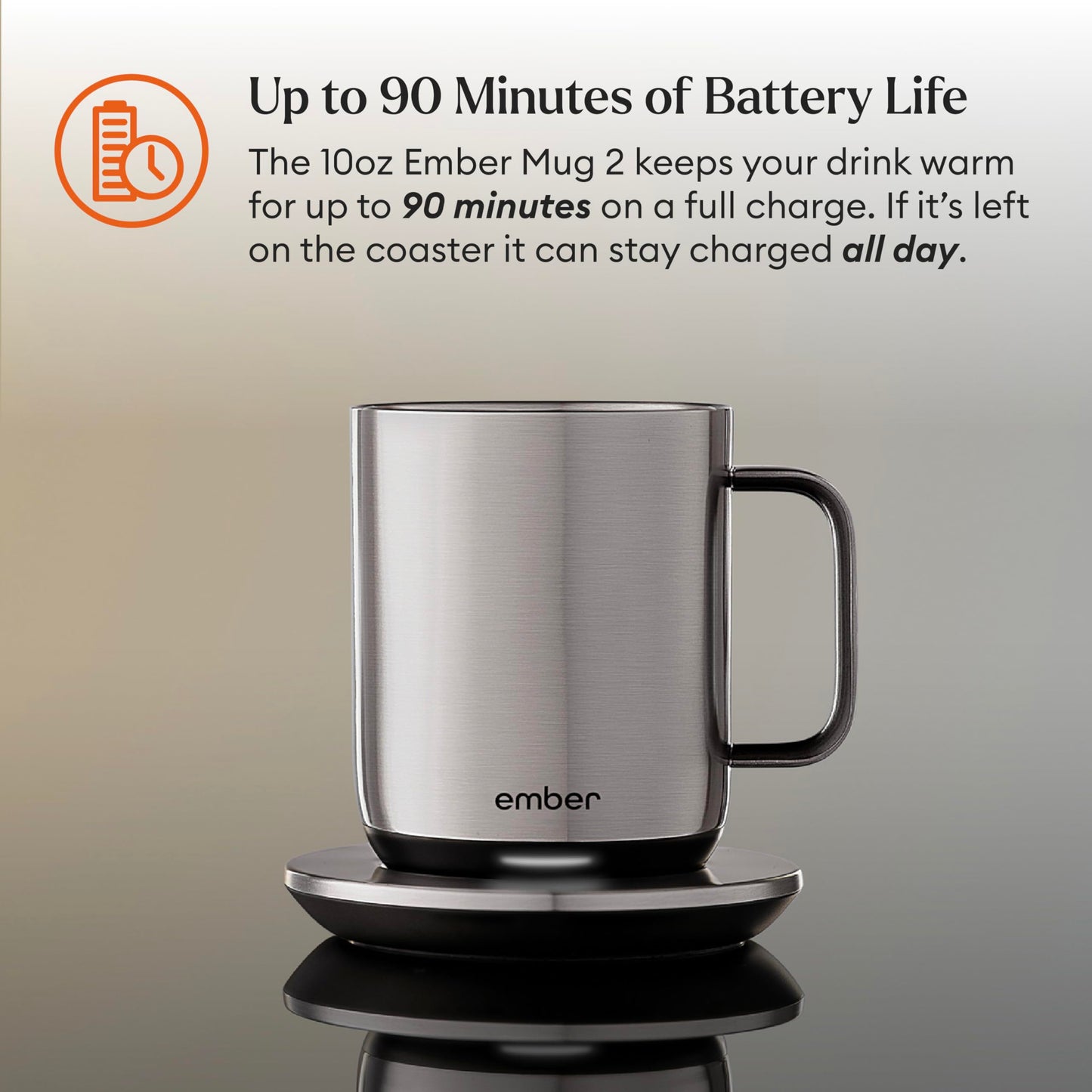 Ember Temperature Control Smart Mug 2, 10 Oz, App-Controlled Heated Coffee Mug with 80 Min Battery Life and Improved Design, Stainless Steel