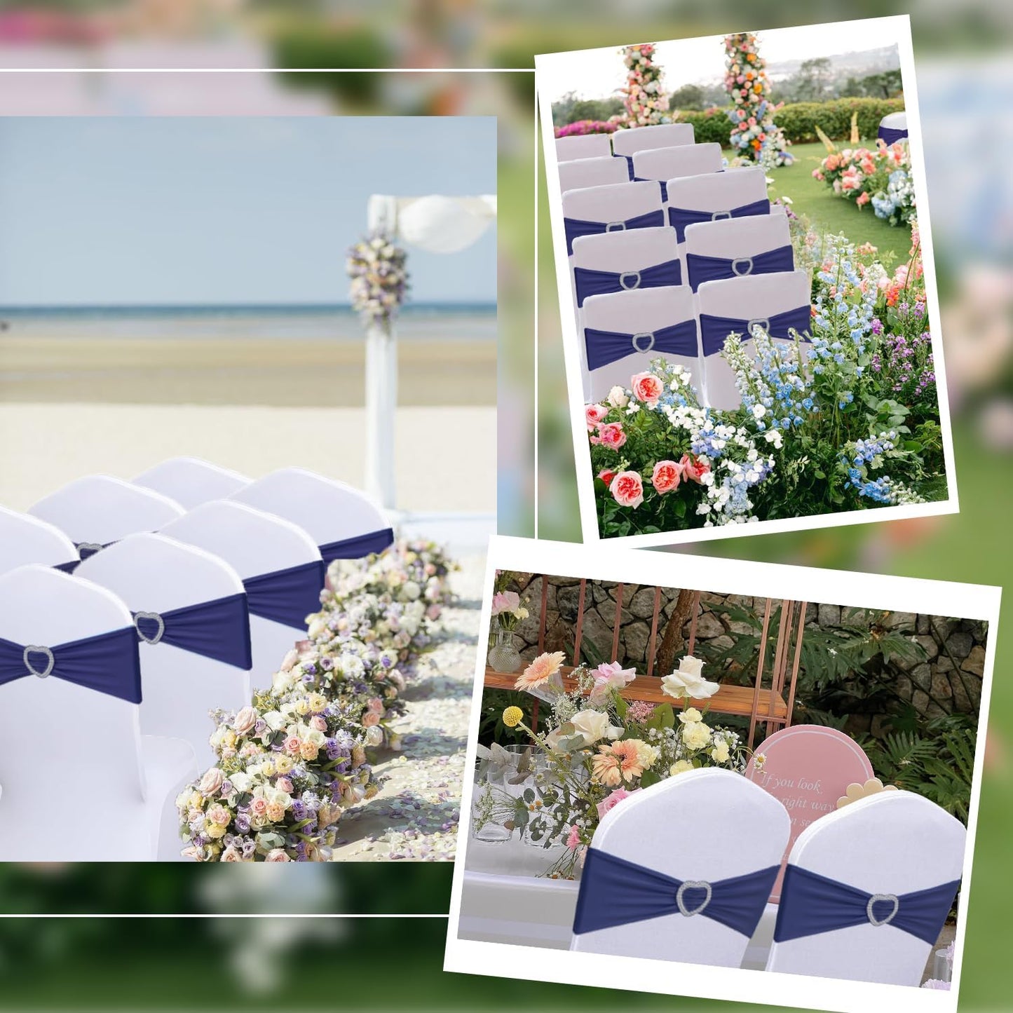 Skiennix Navy Blue Chair Sashes - 30 Pack Elastic Chair Bands with Heart Buckle for Weddings & Parties
