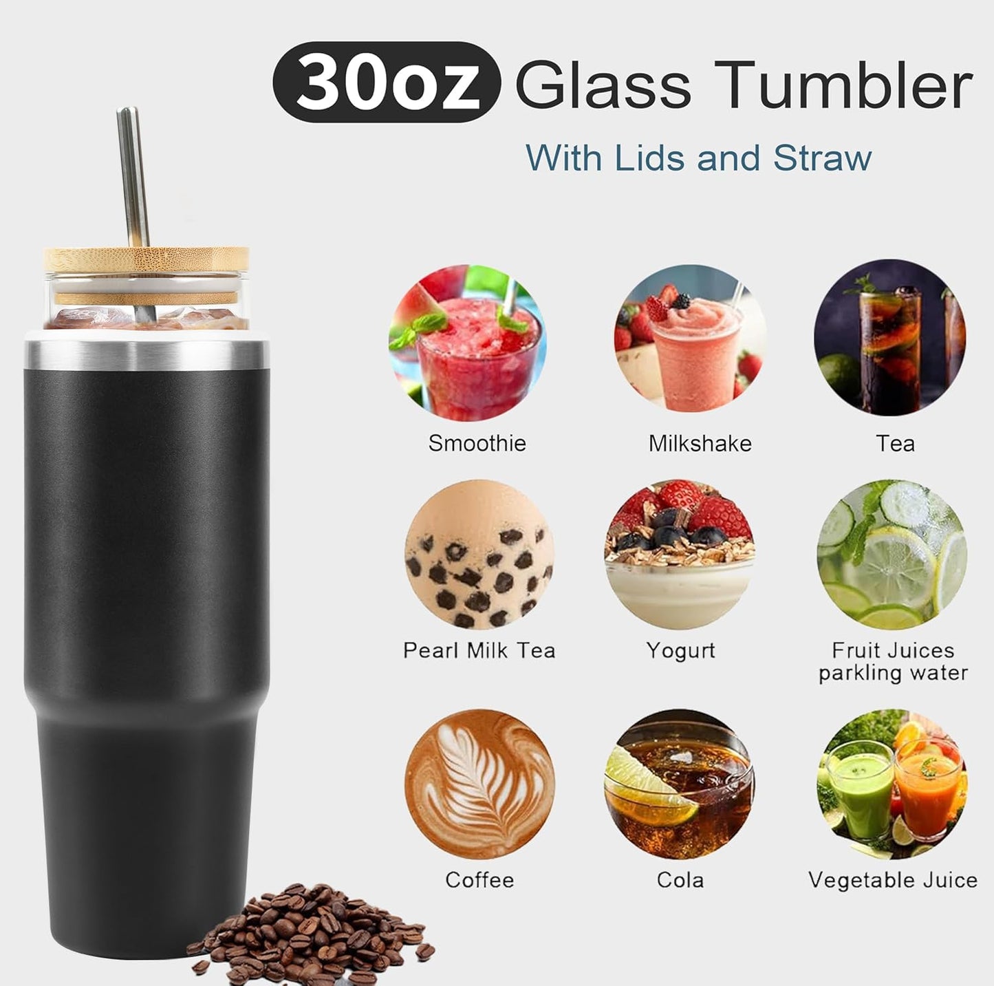 YJGS 30oz Glass Tumbler with Lid and Straw, Insulated Tumbler with Glass Insert, Iced Coffee Cup Reusable Water Bottle Travel Coffee Mug, Water Tumbler with Straw, Sweat Proof & BPA Free
