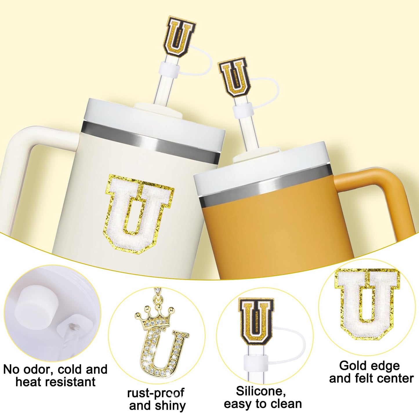 Mity Rain 6-Piece Cup Accessory Set for Stanley 30 oz & 40 oz Tumbler with Handle, Including Straw Cover Cap, Initials Charm, Silicone Boot, Spill-Proof Stopper, Letter U